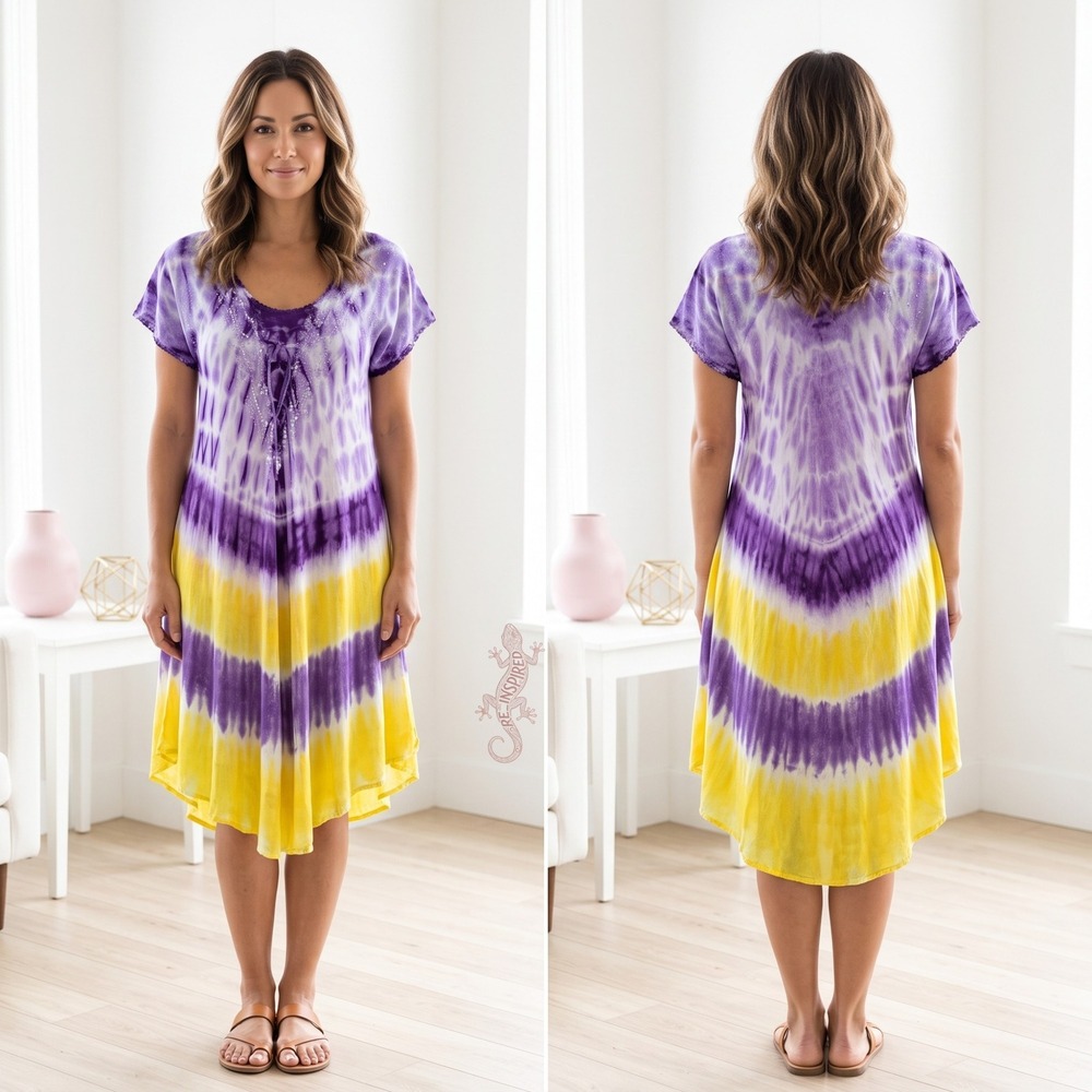 Batik‎ Tie Dye Tunic Dress Women Purple Yellow Boho Embroidered Hippie Gorpcore